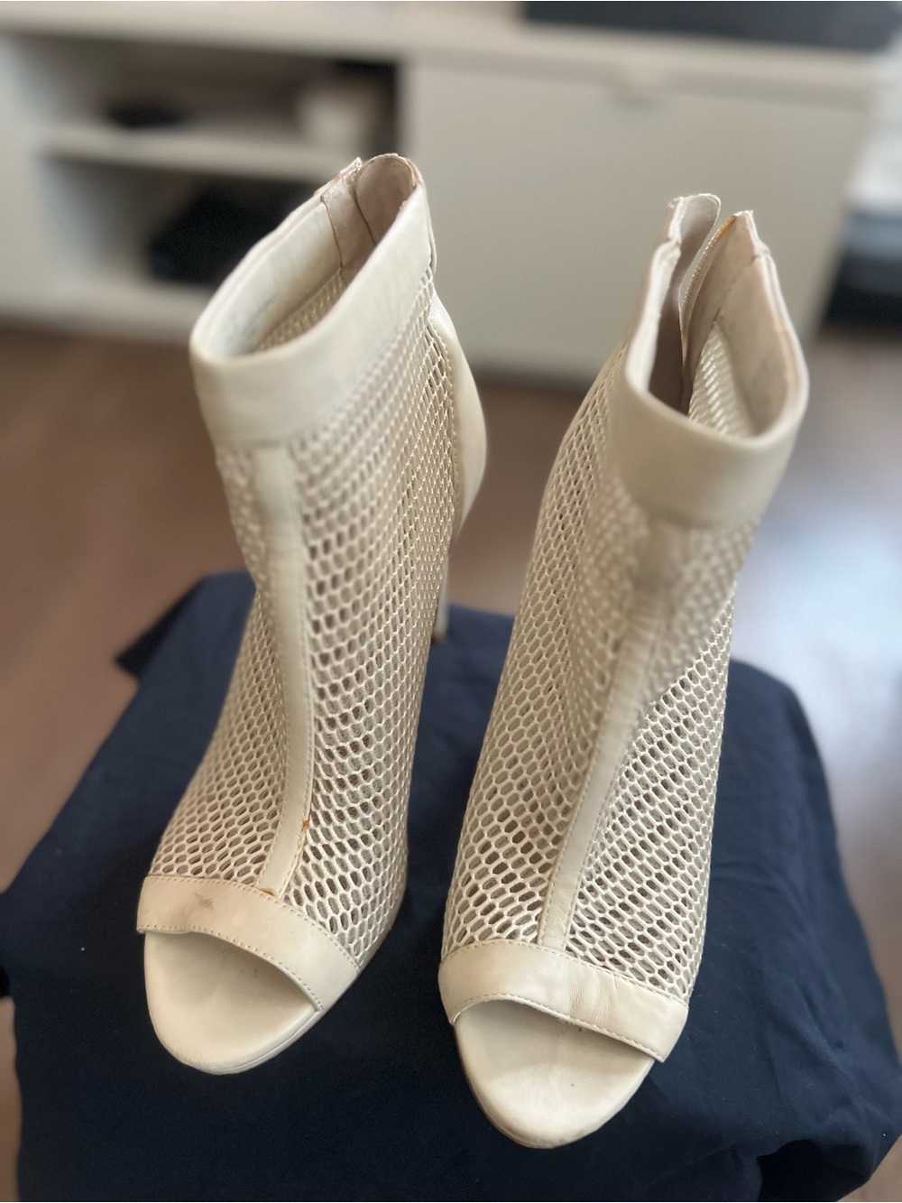 BCBGMaxAzria Beige Mesh Peep-Toe Ankle Boots